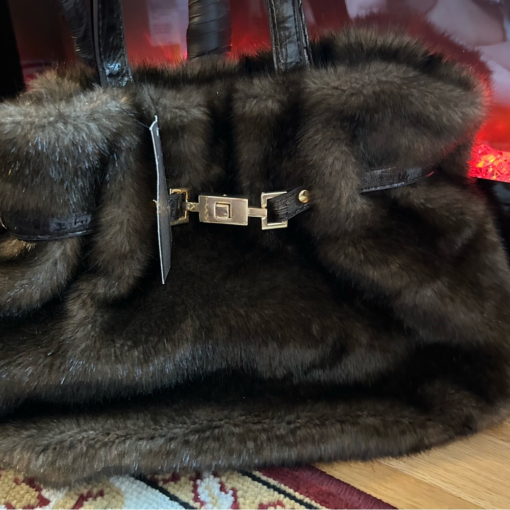 Chic Brown Faux Fur Shoulder Bag with Metallic Detail